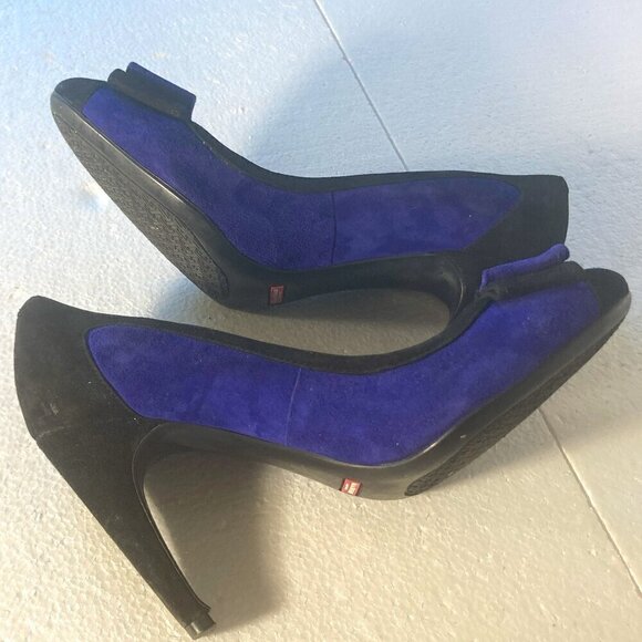 Isaac Mizrahi SZ 9 Isleah Black & Sapphire Blue Suede Bow Pumps Formal Pin-up - Picture 6 of 11